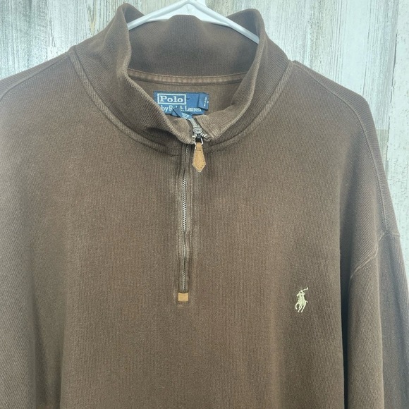 Polo Ralph Lauren Sweater Vintage Size 2XL Tall Brown Pullover Quarterzip Logo - Picture 8 of 8